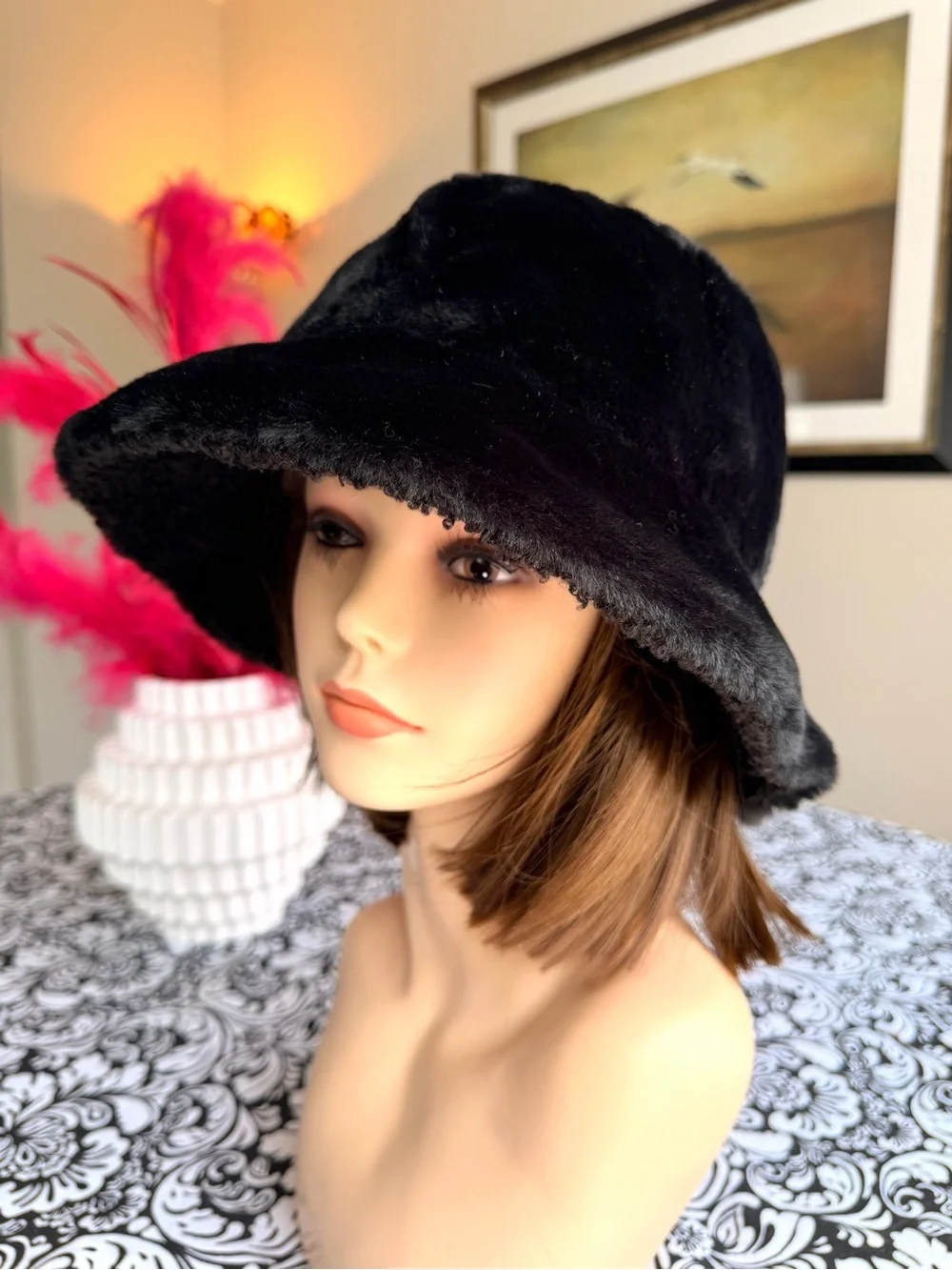 Sprigs Black Faux Fur Plush Bucket Hat Adjustable Fit